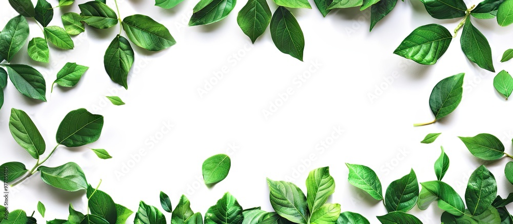 Canvas Prints spring backdrop featuring fresh green leaves white background flat lay top view copyspace