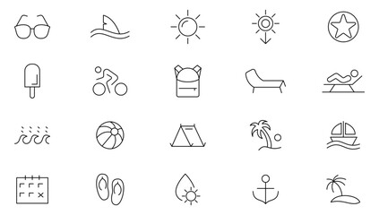 Summer line icon set. Skin, sunscreen, UV, summer, adventure, hobby, activity, cocktails, Nature, landscape, forest, sea, sunset, mountain, travel line icon set. UI thin line icon pack.