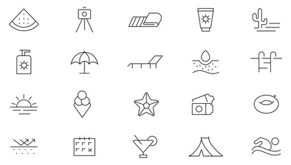 Summer line icon set. Skin, sunscreen, UV, summer, adventure, hobby, activity, cocktails, Nature, landscape, forest, sea, sunset, mountain, travel line icon set. UI thin line icon pack.
