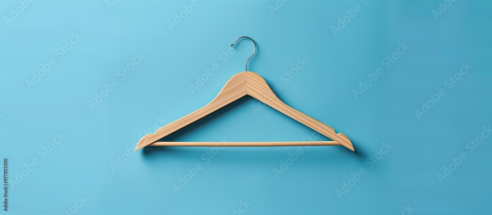 Wall mural One wooden hanger on a light blue background viewed from above Room for text. Copy space image. Place for adding text and design