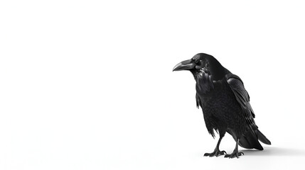 Obraz premium A sleek raven standing still on a white background with copy space, feathers glossy black
