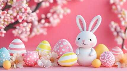 Obraz premium A cute white bunny surrounded by colorful Easter eggs and flowers on a pink background, perfect for springtime celebrations.