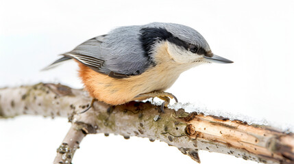 Fototapeta premium A small nuthatch creeping along a branch on a white background with copy space, head pointed downward