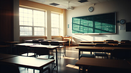 A bright classroom setting with rows of desks, a chalkboard filled with equations, and sunlight streaming through large windows, creating a warm and inviting atmosphere
