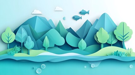 Illustration of an Earth with water, trees, and fish inside a circular design in a paper-cut style