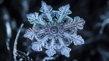A Detailed Close-Up of a Delicate Snowflake with Intricate Crystal Patterns