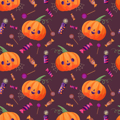 Seamless pattern with pumpkin, candies, candles Cute vector holiday illustration. Pink background.