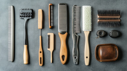 “Flat lay of a set of barber tools for haircut arranged on a gray background. Includes items such as scissors, combs, clippers, and razors, presented in a clean and organized manner.”