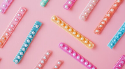 Obraz premium “Top view of colorful pastel hair clips arranged on a pink background. The modern accessories enhance hairstyles and add a touch of luxury with their soft, elegant colors.”