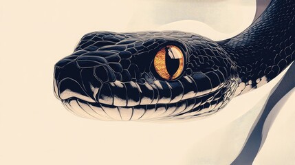 Naklejka premium Close-Up of Black Snake with Orange Eyes, Hyper-Realistic Digital Artwork, High-Resolution