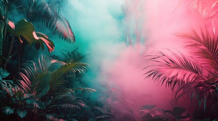 Mysterious Tropical Jungle with Colorful Mist and Lush Greenery Surreal Nature Scene