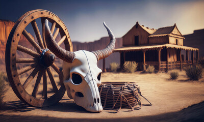 Fototapeta premium horse carriage in the desert, Wild West Cowboy Town with a cow skull head and an old wagon wheel 