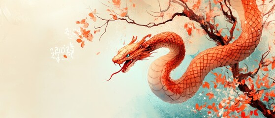 Obraz premium Mystical Red Dragon Coil on Autumn Tree Branch with Oriental Artistic Style