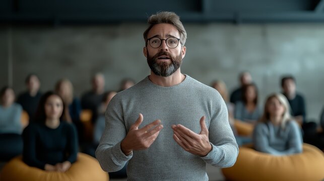 Corporate instructor engaging a group of learners in a relaxed and creative training environment using modern furniture and casual arrangements