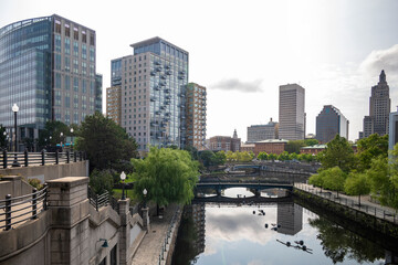 Downtown cityscape viewed from above the Providence River. Providence skyline