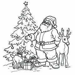 
coloring book santa claus near Christmas tree with presents