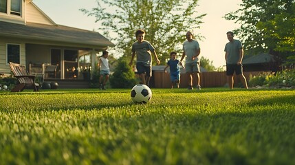 A family playing soccer in a backyard with parents cheering as the kids chase the ball across the grass.