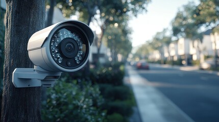Naklejka premium CCTV Camera with Suburban Background