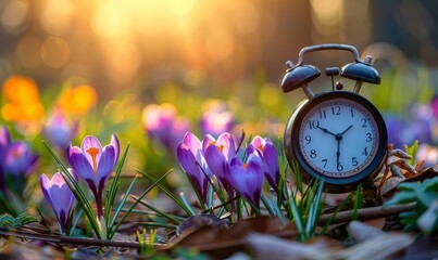 Alarm clock among blooming crocuses, spring forward concept. Spring time change, first spring flowers, daylight saving time. Daylight savings, lose an hour