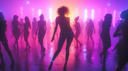 Silhouetted Dancing Crowd in Vibrant Neon Lights at Club Party