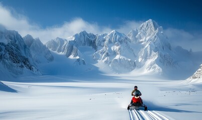 An adventurous person snowmobiling through a vast, snow-covered mountains