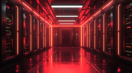 A hyperrealistic 3D rendered server room illuminated with vibrant red lights showcasing intricate details and sophisticated technology in a futuristic data center environment