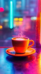 Obraz premium Vibrant Neon Coffee Cup in Modern City Cafe with Steaming Hot Drink