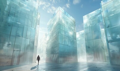 as a an art installation made by many layers of glass building a big structure