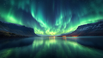 Naklejka premium Aurora borealis in a mountainous area. Night. Professional photo.