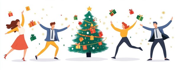 Fototapeta premium Happy office team celebrating Christmas and New Year, dancing around a decorated tree with gifts on a white background Generative AI