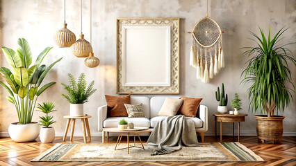 Fototapeta premium Eclectic bohemian interior background, empty wall mockup, 3d render, white Mock up frame