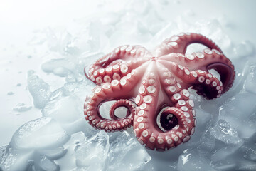 A fresh, raw octopus with purple tentacles on ice, perfect for a gourmet seafood meal or Mediterranean cuisine