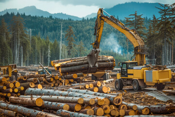 A loader in action, lifting logs in a pine forest, showcasing industrial forestry machinery at work