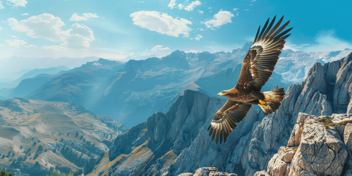 A majestic eagle soaring high above the mountains, showcasing the beauty of wildlife in flight