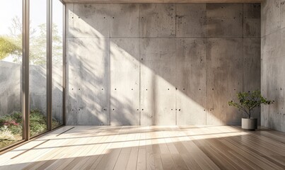 Concrete walls modern work office, wooden deck in a clean and bright environment