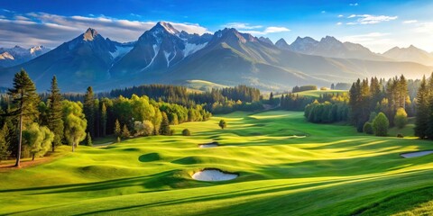 A scenic green area of a golf course nestled in the Tatra Mountains of Slovakia
