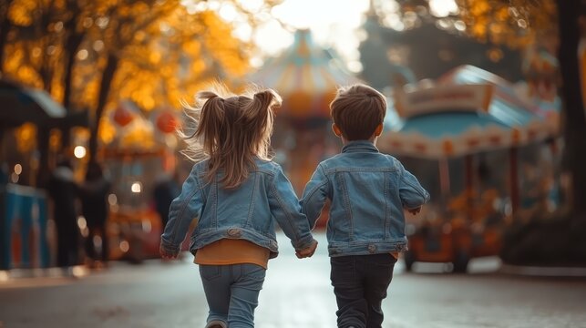 Children running hand in hand in a theme park during the morning sunshine, wearing denim jackets and exploring their joyful surroundings