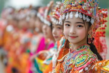 Fototapeta premium A vibrant cultural showcase featuring traditional regional attire at a community celebration in springtime