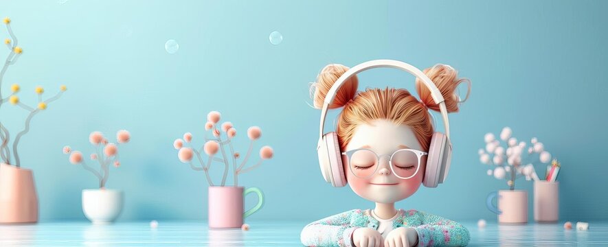 Adorable 3D cartoon character creating a study playlist with soothing music to aid concentration and motivation, auditory and inspiring