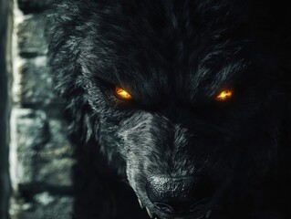 Obraz premium Close-up of a Black Wolf with Glowing Yellow Eyes