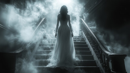 Ghostly woman on the stairs, shrouded in fog and mist, wearing a long white dress in a Victorian style. A horror movie scene. Cinematic lighting. Hyper-realistic photography.