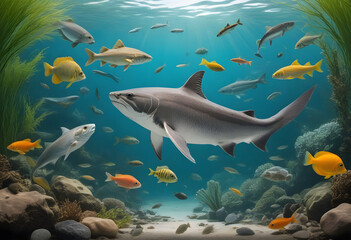 Fototapeta premium Food Chain in Aquatic Ecosystem with fish