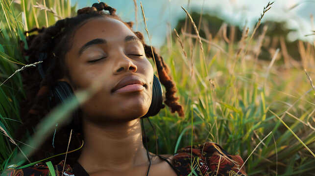 atractive jamaican woman listening chill music on the gras