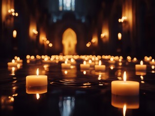 Burning Candles Floating on a Dark Reflective Surface