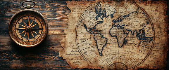 Old vintage nautical compass and map background banner with a grunge effect, faded elements, antique weathered style, ancient world map, old writing