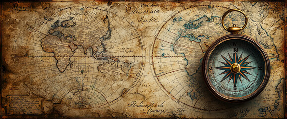 Fototapeta premium Old vintage nautical compass and map background banner with a grunge effect, faded elements, antique weathered style, ancient world map, old writing