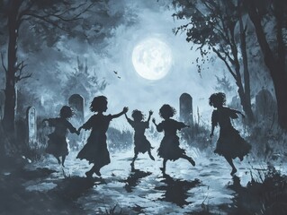 Children Silhouetted Against a Full Moon in a Graveyard