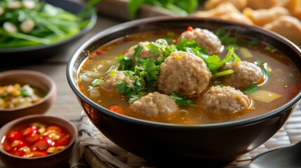 Savory Meatball Soup with Cilantro and Chili