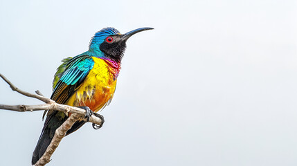 Obraz premium A vibrant sunbird perched on a twig on a white background with copy space, shimmering iridescent feathers