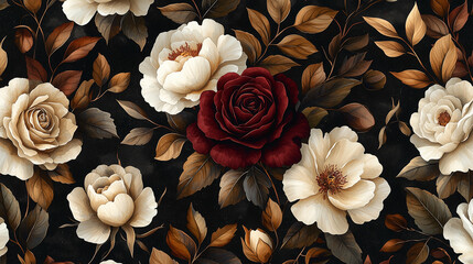 Seamless pattern of dark floral and roses, white peonies, burgundy red flowers, brown leaves, on a black background, in a watercolor style, detailed and vintage, in the style of an oil painting.